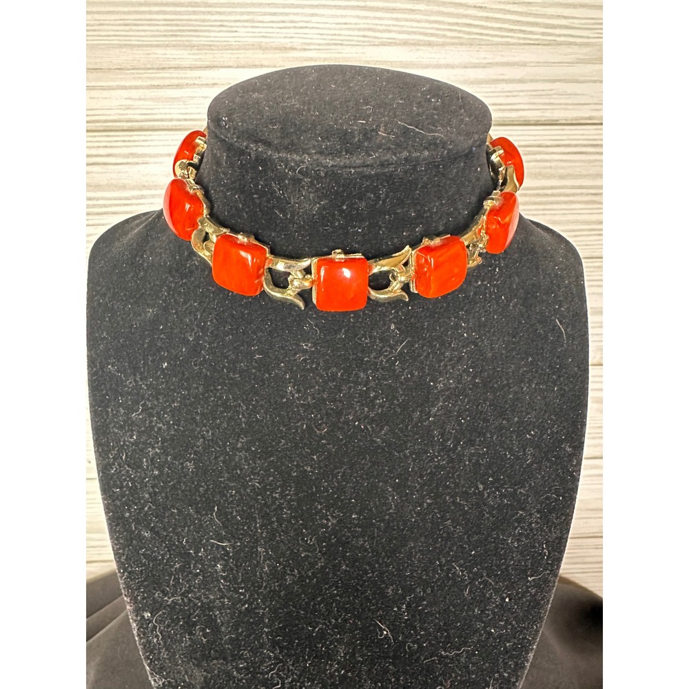 Vintage Bracelet and Earring Clip On Set Red Orange Gold Tone Retro MCM